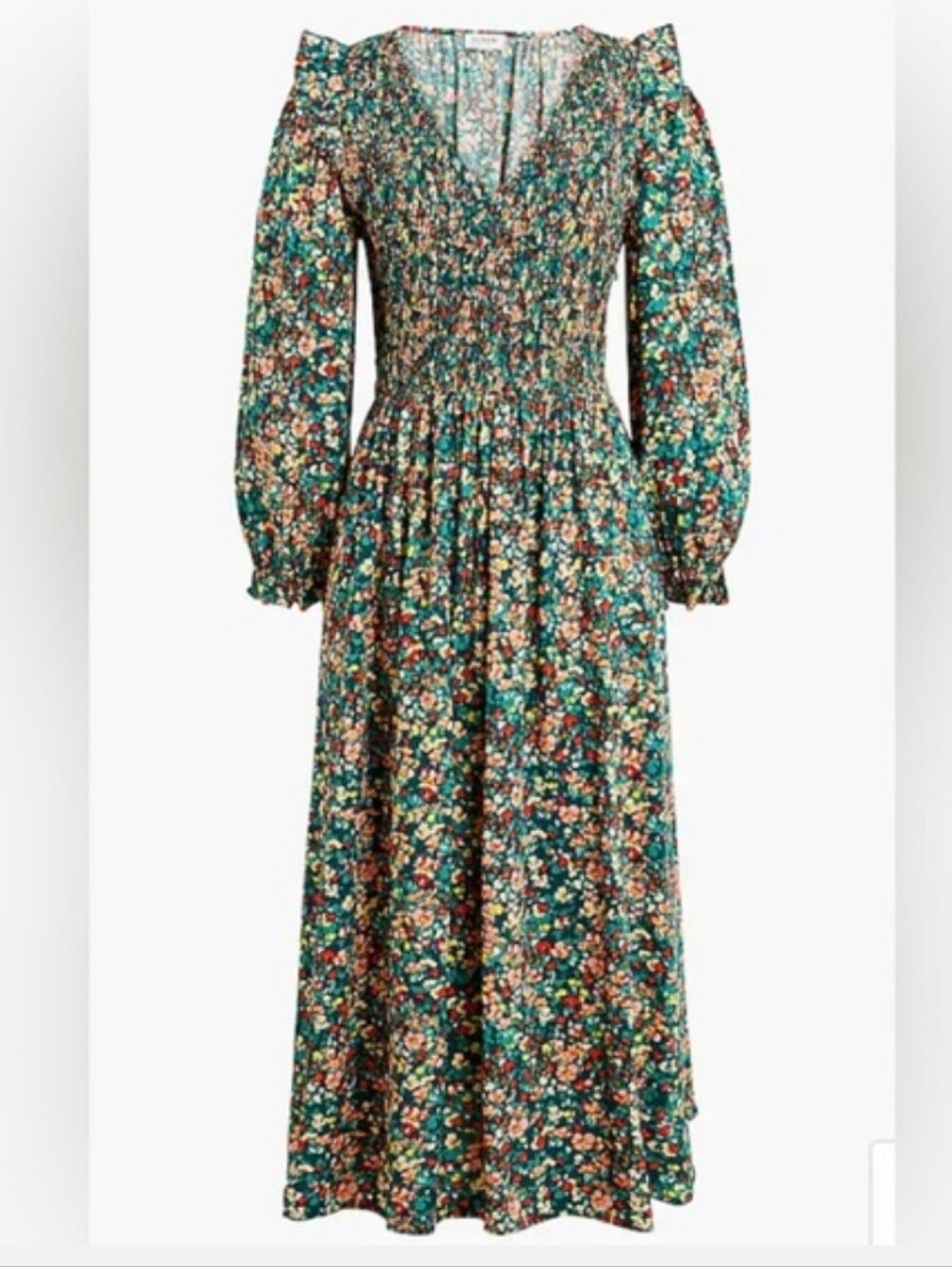 J.Crew Smocked Floral Midi Dress Puff Sleeves Pockets Cottagecore Boho Prairie